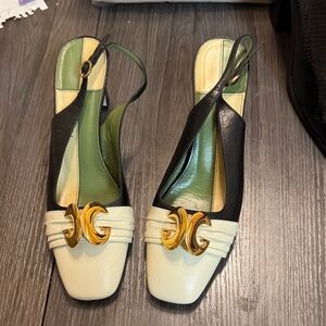 Gucci Black and Cream Heels with Gold Accent